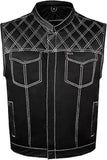 Men's Leather Denim Motorcycle Club Biker Vest with 2 Concealed Carry Pockets