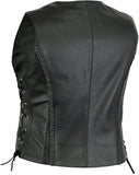 Women's Black Leather Motorcycle Vest – 7 pockets, Side Laces, Concealed Carry Pockets – Classic Biker