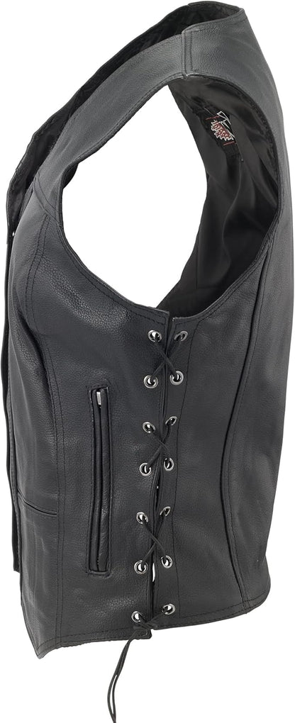 Women's Black Leather Motorcycle Vest – 7 pockets, Side Laces, Concealed Carry Pockets – Classic Biker