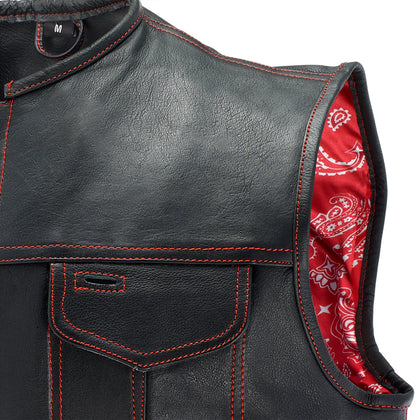 Men’s Black Leather Motorcycle Vest with Red Stitching & Paisley Lining