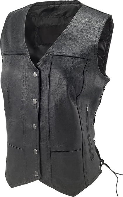 Women's Black Leather Motorcycle Vest – 7 pockets, Side Laces, Concealed Carry Pockets – Classic Biker