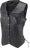 Women's Black Leather Motorcycle Vest – 7 pockets, Side Laces, Concealed Carry Pockets – Classic Biker
