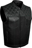 Men's Leather Denim Motorcycle Club Biker Vest with 2 Concealed Carry Pockets