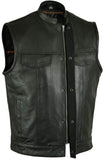 Men's Black Club Style Sleeveless Leather Vest With Concealed Gun Pocket