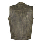 Men's Club Biker Distressed Brown Leather Vest With Concealed Carry