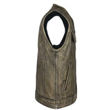 Men's Club Biker Distressed Brown Leather Vest With Concealed Carry