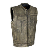 Men's Club Biker Distressed Brown Leather Vest With Concealed Carry